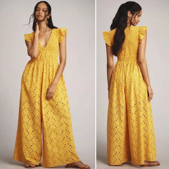 Anthropologie Peregrine Eyelet Wide Leg Jumpsuit Size M TALL Yellow Smocked NEW - Picture 10 of 10